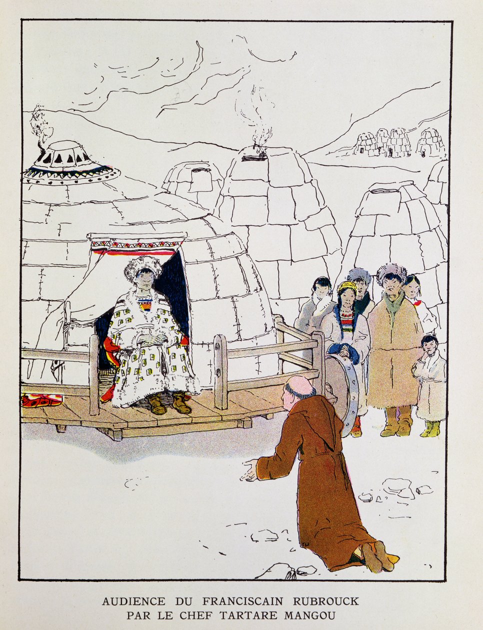 Vilém Rubruck (asi 1200-1256) před tatarským náčelníkem Manguem v roce 1251, z knihy "A la Conquete du Monde Paien" od Georgese Goyaua (1869-1939) 1933 (barevná litografie) od Edgar Maxence