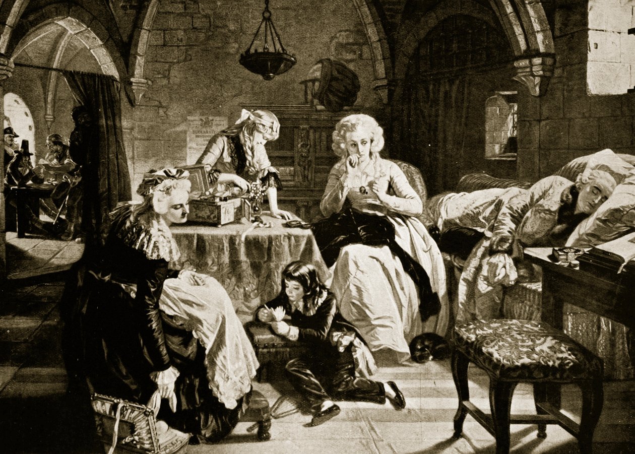 Ludvík XVI. a jeho rodina v chrámu, ilustrace z Hutchinsonovy Historie národů, cca 1915. od Edgar Melville Ward