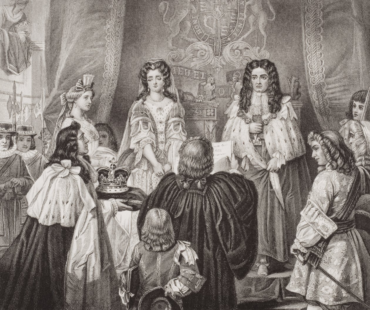Koruna nabízená Williamovi a Marii Lords and Commons ve Whitehallu, 12. února 1689, z „Ilustrace anglické a skotské historie“ svazek II od Edgar Melville Ward