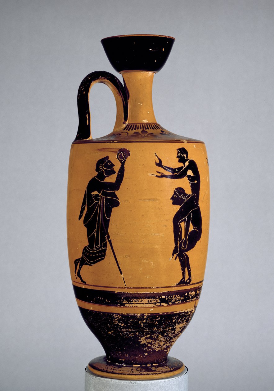 Půdní černofigurový lekythos zdobený starým mužem házejícím míč mladíkovi, cca 500 př. n. l. (keramika) od Edinburgh Painter