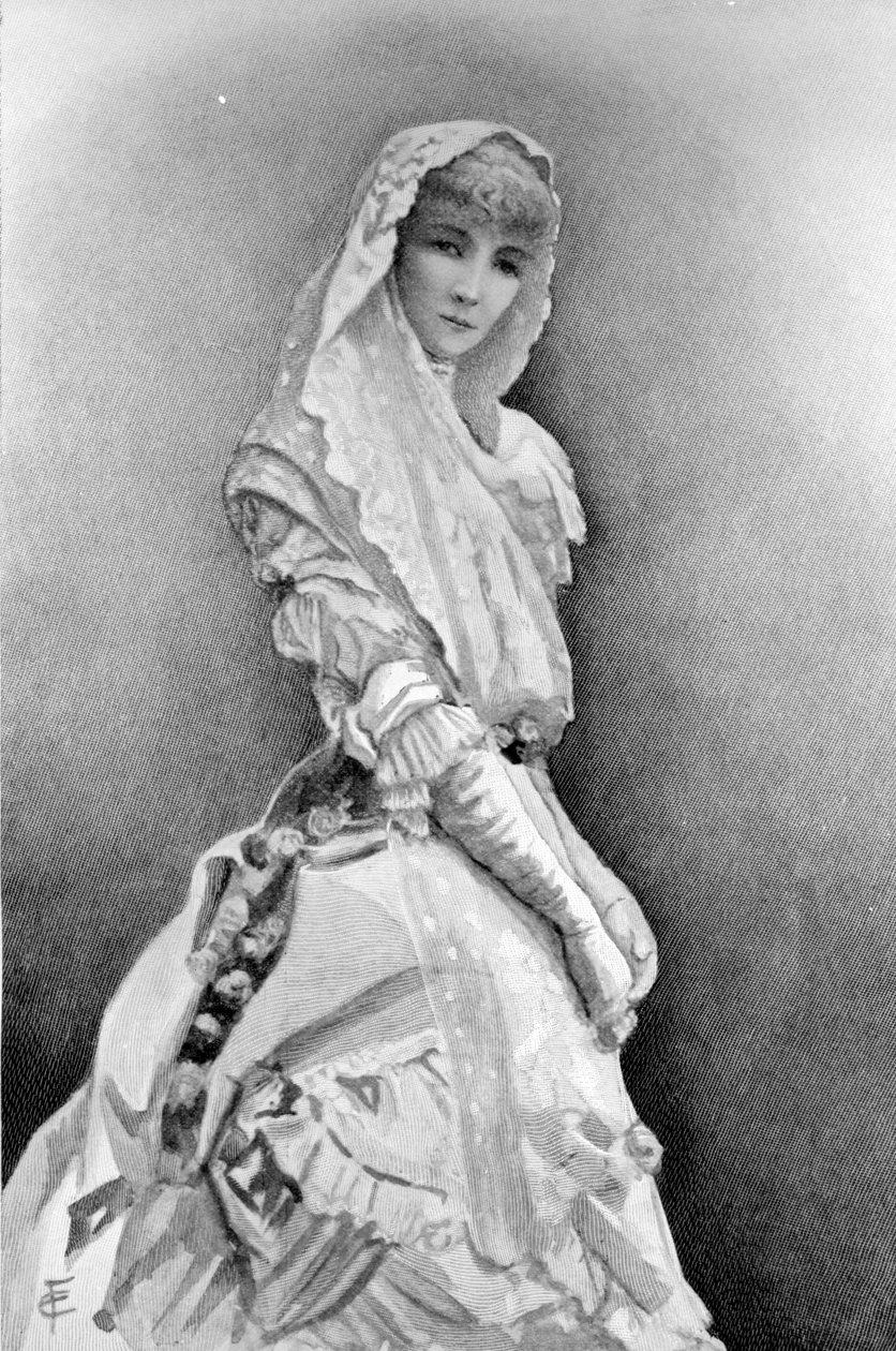 Sarah Bernhardtová jako Marguerite Gautierová ve hře Dáma s kaméliemi od Alexandra Dumase Filse v první inscenaci ve Spojených státech, cca 1880 od Edith Fithian