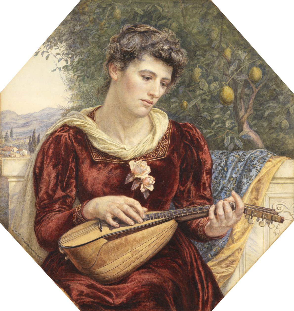 Dotýkání se strun, 1886 (tužka, čb, tělová barva a arabská guma s vyškrabáváním) od Edith Martineau
