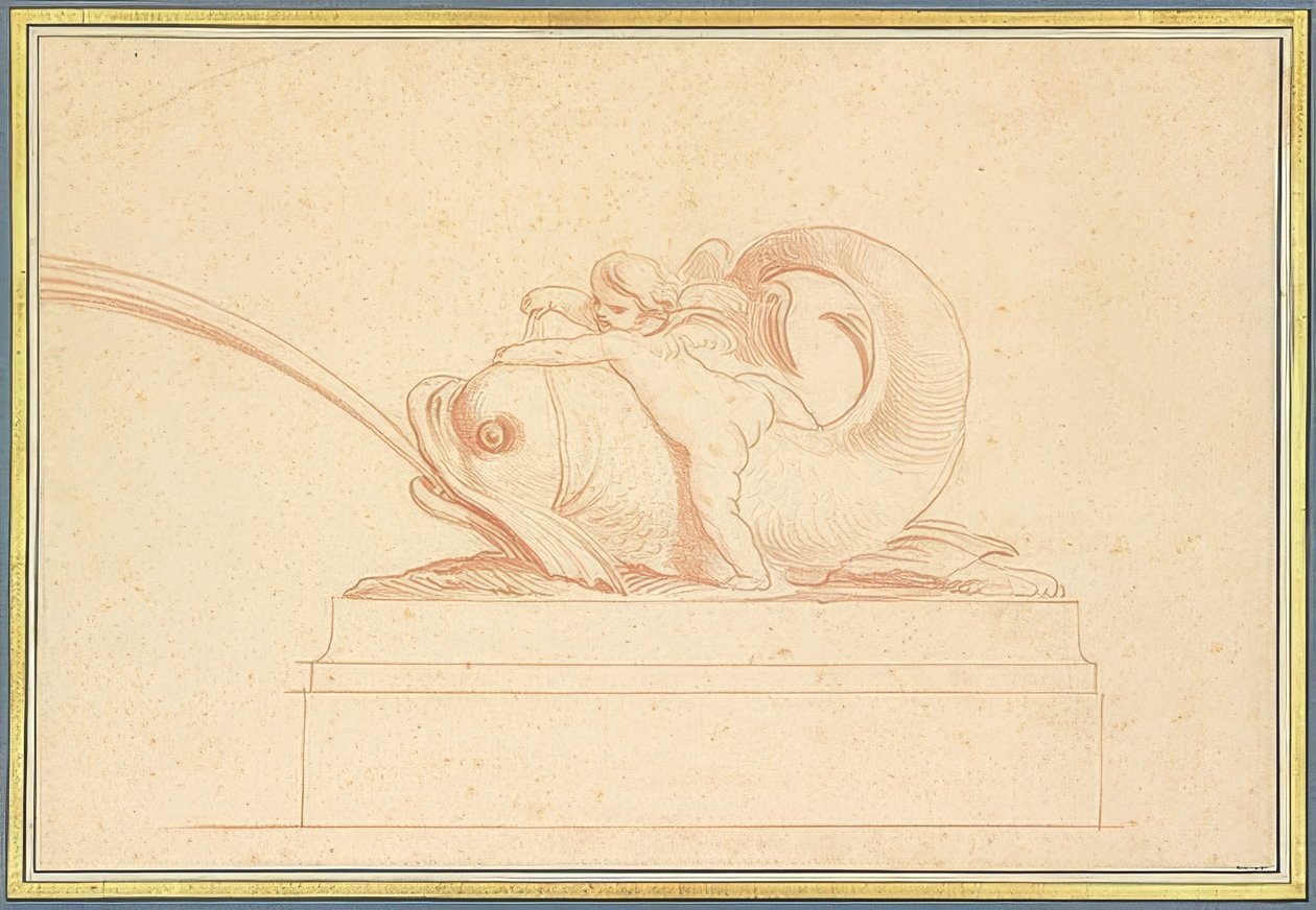 Delfín chrlí vodu nalevo s amorem. 1737 od Edmé Bouchardon