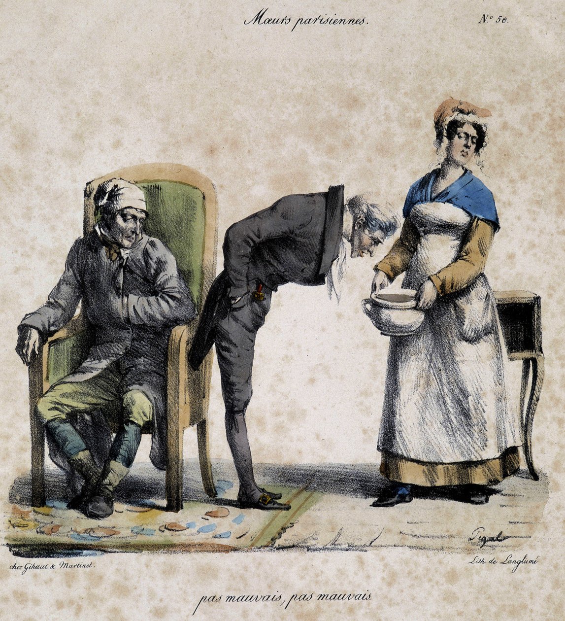Nemocný, doktor hledá v hrnci a sluha. Kreslený film pařížské morálky od Pigala (19. století), zachovaný v Musee Dobree v Nantes. od Edme Jean (after) Pigal