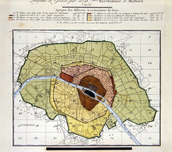 Detail Atlasu du Plan General de la Ville de Paris, který ukazuje různé přírůstky do města v průběhu historie od Edme Verniquet