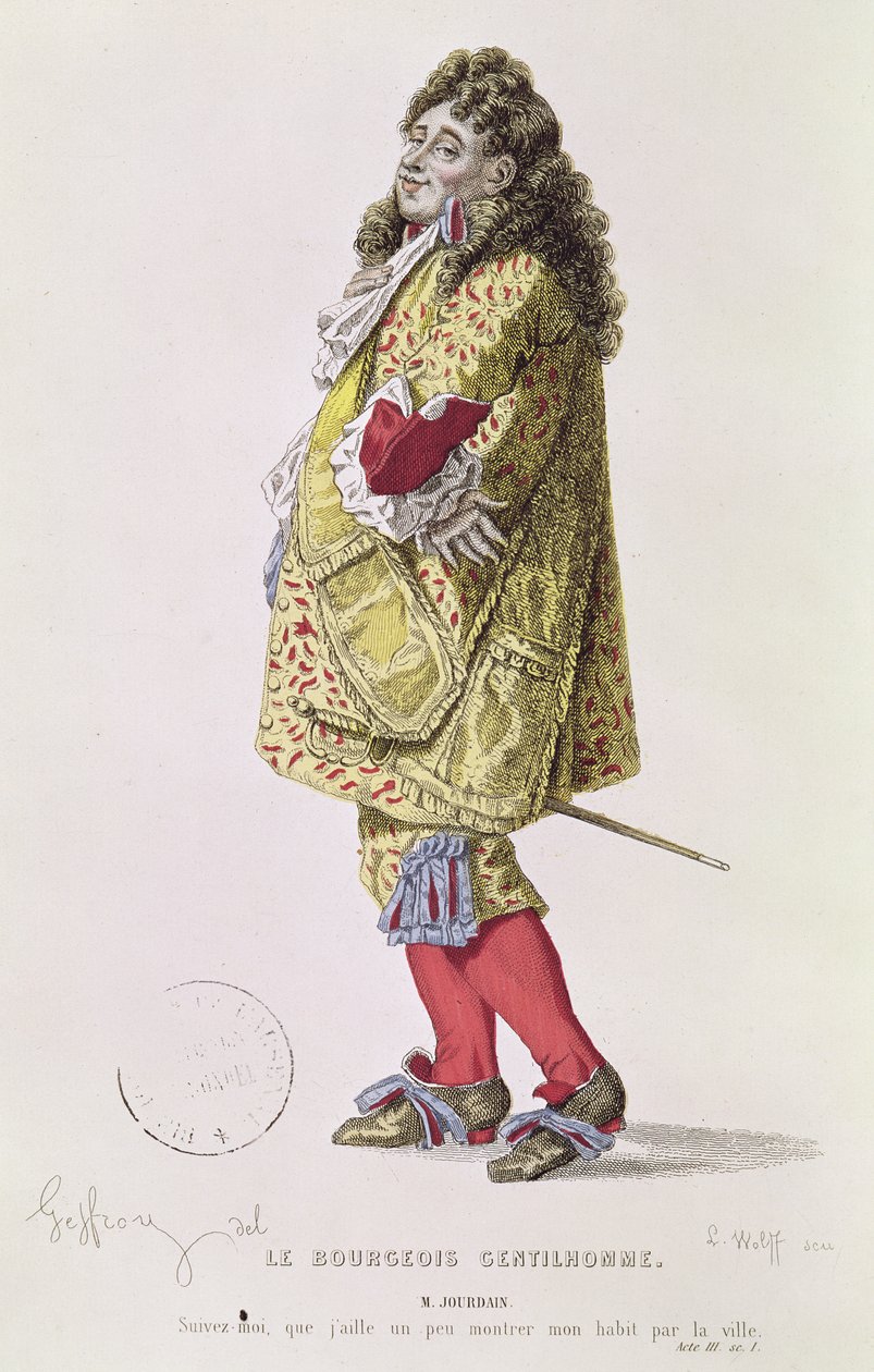„Pojďte za mnou, abych mohl trochu ukázat své šaty o městě“, ilustrace Monsieur Jourdain z dějství III, scéna 1, „Buržoazní gentleman“ od Moliera (1622-73), vyrytý Ludwigem Wolffem (1776) od Edmond A.F. Geffroy