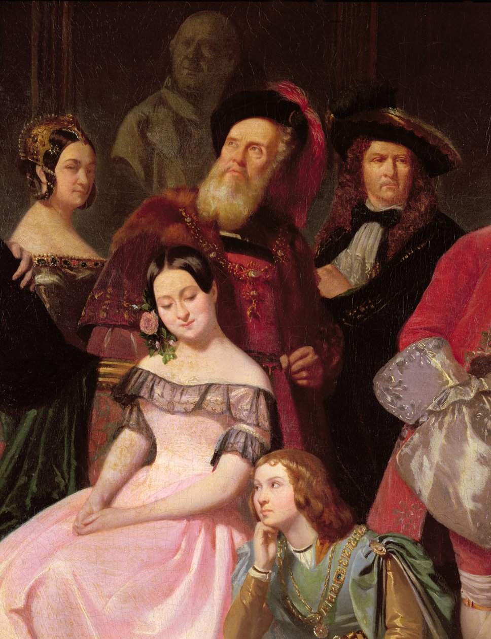 Členové Comedie-Francaise, L-R: Mlle Noblet, Mlle Plessis, Joanny (1775-1849) v kostýmu Hernani, Mlle Anais, Perrier, v roce 1840 (detail 163165) od Edmond Aime Florentin Geffroy