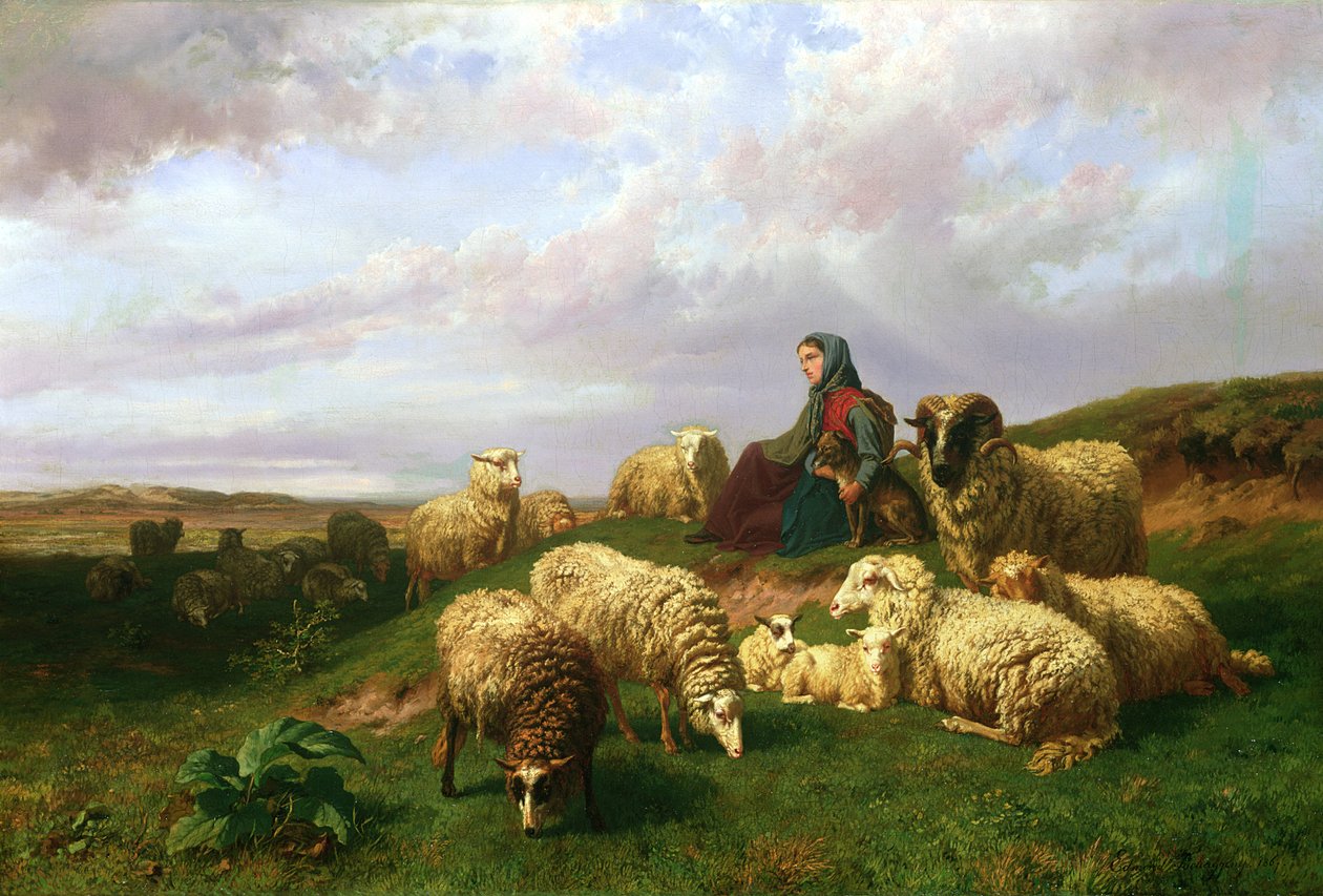 Pastýřka odpočívá se svým stádem, 1867 od Edmond Jean Baptiste Tschaggeny