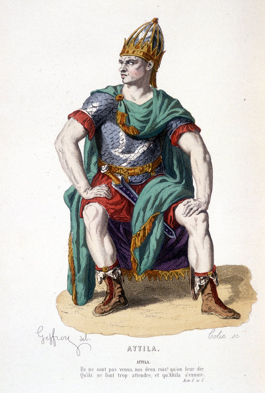 Postava Attily v Attilově tragédii - Plné divadlo: (Sbírka her Corneille) kresba Geffroy, rytina Colin - ed. Laplace, Sanchez et Cie, Paříž 1884 od Edmond Aime Florentin Geffroy
