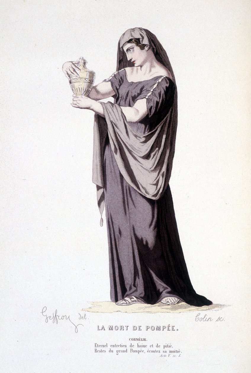 Postava Cornelie v divadelní hře La mort de Pompee - Divadelní komplet: (Kompendium her Corneille) kresba Geffroy, rytina Colin - ed. Laplace, Sanchez et Cie, Paříž 1884 od Edmond Aime Florentin Geffroy