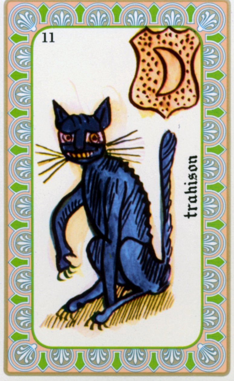 tarot od mága Belline nakreslil Edmond Billaudot c. 1845 a předána jasnovidce Belline k opětovnému vydání: karta zrady: kočka od Edmond Billaudot