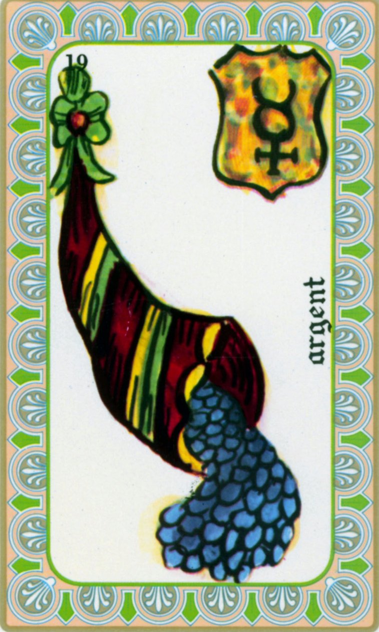 tarot od mága Belline nakreslil Edmond Billaudot c. 1845 a dán jasnovidce Belline k opětovnému vydání: karta peněz: mince v rohu hojnosti od Edmond Billaudot