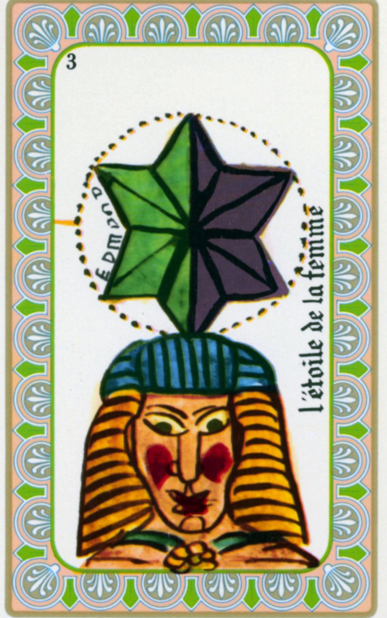 tarot od mága Belline nakreslil Edmond Billaudot c. 1845 a předána jasnovidce Belline k opětovnému vydání: karta hvězdy ženy od Edmond Billaudot