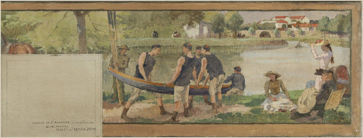 Skica radnice v Saint-Maurice: Krajina. Les bords de la Marne (pro radnici), mezi lety 1890 a 1892 (olej na plátně s tuší) od Edmond Debon
