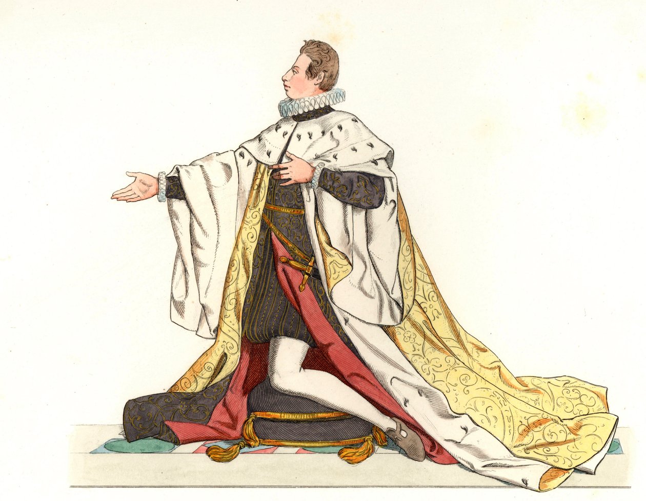 Cosme II de Medicis (1590-1621), velkovévoda z Toskánska (Itálie) - Litografie podle ilustrace Edmonda Lechevallier-Chevignarda (1825-1902), z „Historických kostýmů ze 16. od Edmond Lechevallier Chevignard