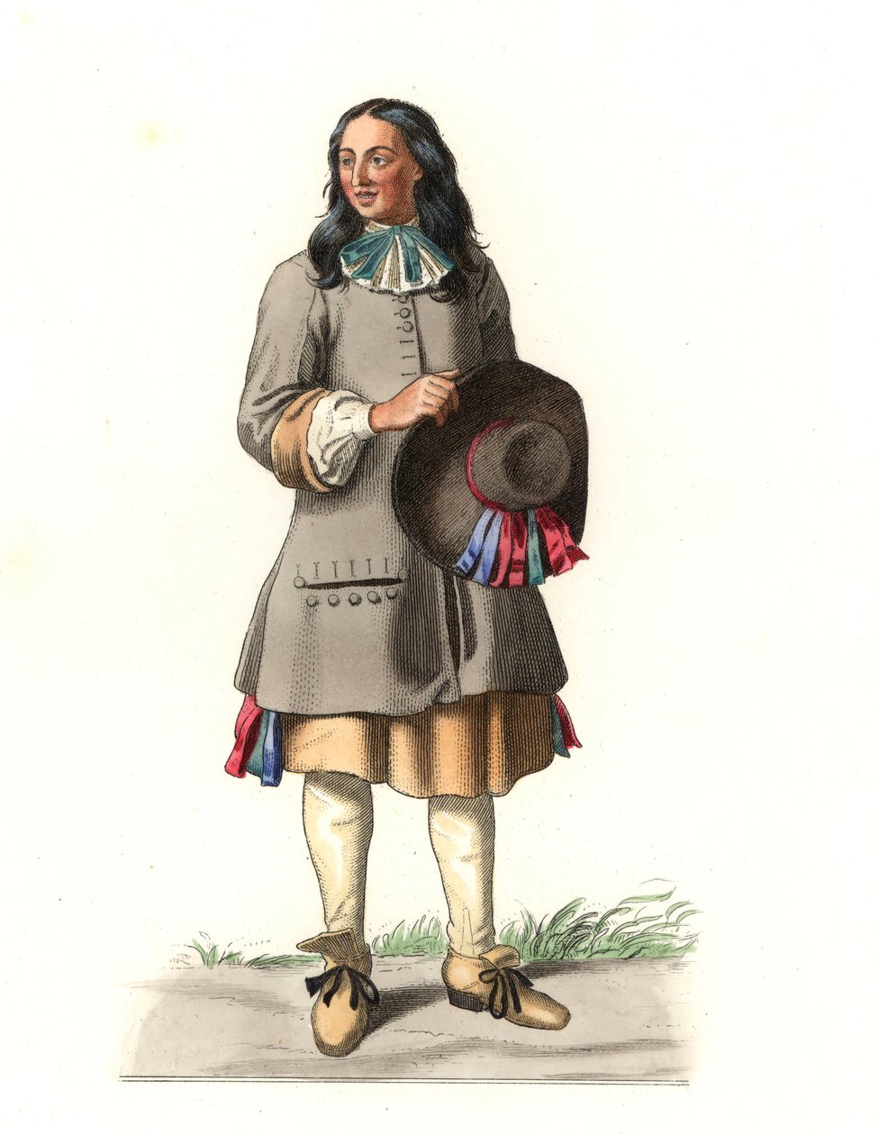 Francouzský rolník 17. století, po rytině z roku 1679, Jean Saint Jean - Litografie ilustrace Edmonda Lechevallier-Chevignarda (1825-1902), z „Costumes historiques des 16e od Edmond Lechevallier Chevignard