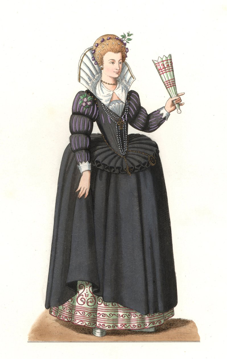 Francouzská žena za vlády krále Jindřicha III. (1551-1589) - Litografie podle ilustrace Edmonda Lechevallier-Chevignarda (1825-1902), z „Costumes historiques des 16th od Edmond Lechevallier Chevignard