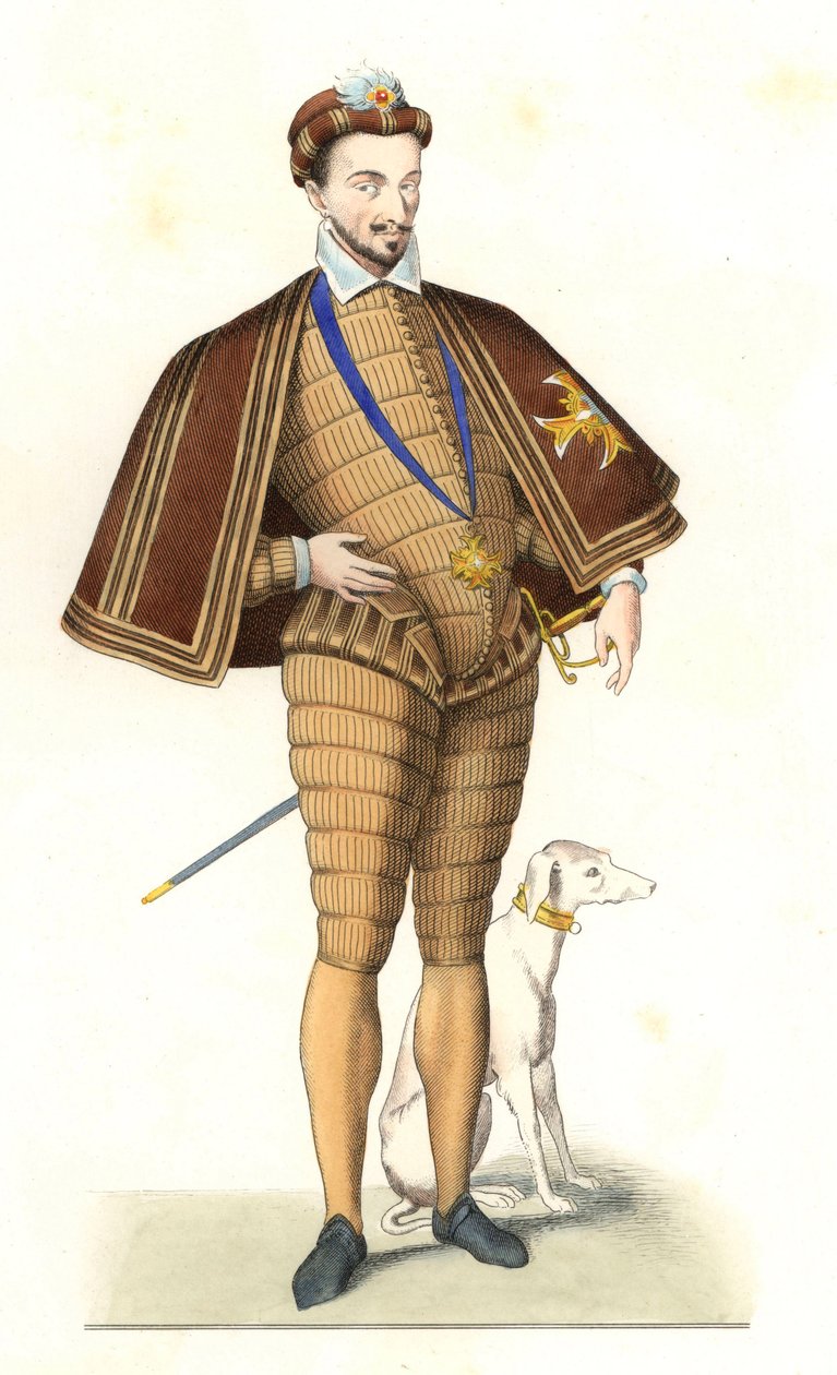 Francouzský král Jindřich III. (1551-1589), který nosí náhrdelník Řádu svatého Ducha - Litografie podle ilustrace Edmonda Lechevallier-Chevignarda (1825-1902), z „Costumes historiques des 16th od Edmond Lechevallier Chevignard