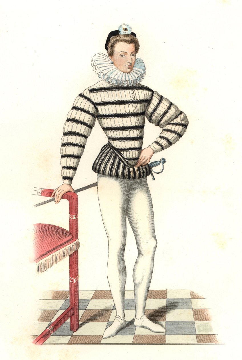 Portrét Saint-Megrin, francouzský gentleman 16. století, podle ilustrace Riffauta - Litografie z ilustrace Edmonda Lechevallier-Chevignarda (1825-1902), z „Costumes historiques des 16th od Edmond Lechevallier Chevignard