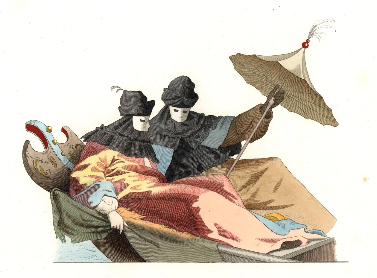 Venitians s maskou bauta, Itálie 18. století, podle obrazu Giovanniho Antonia Canal dit Canaletto (1697-1768) - Litografie podle ilustrace Edmonda Lechevallier-Chevignarda (1825-1902), z „“Historických kostýmů ze 16. od Edmond Lechevallier Chevignard