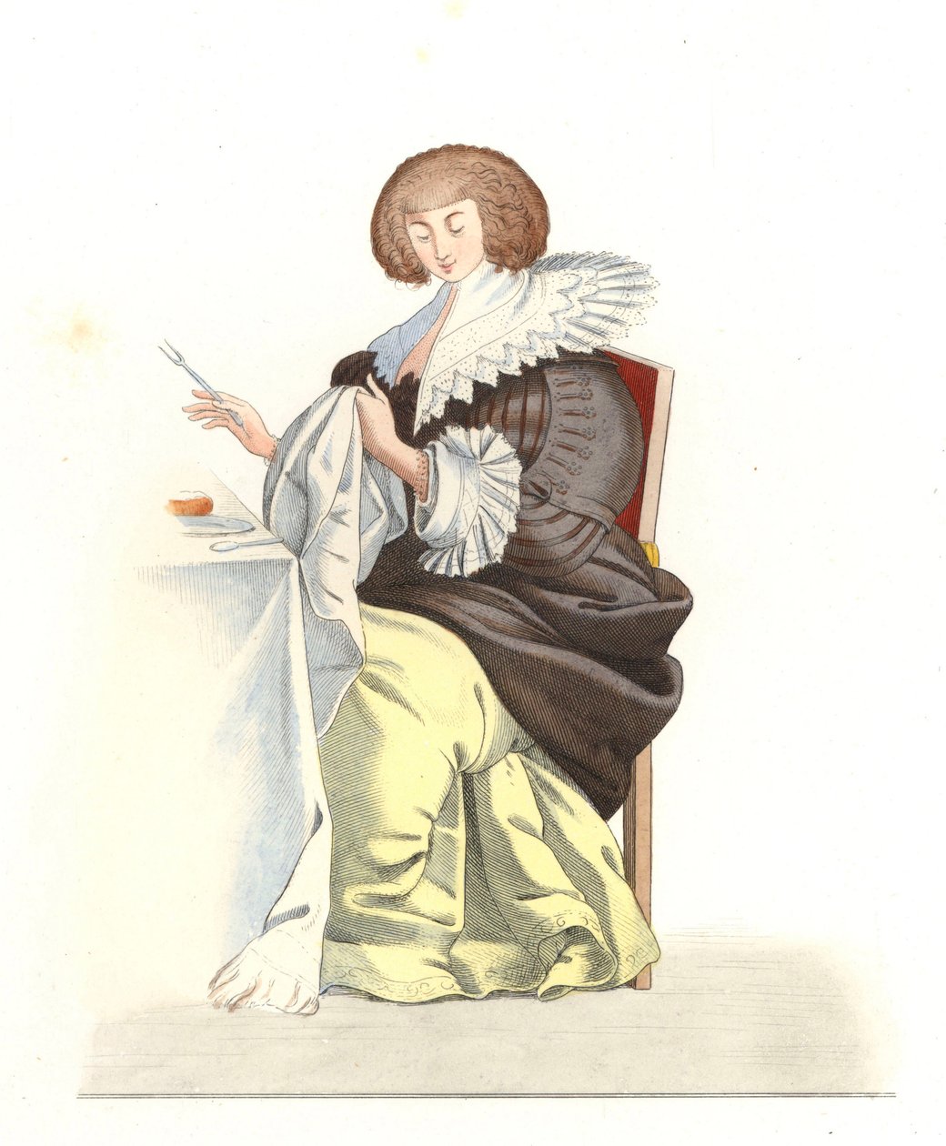 Žena francouzské šlechty 16. století, podle rytiny Abrahama Bosse (1602-1676) - Litografie z ilustrace Edmonda Lechevallier-Chevignarda (1825-1902), z „Costumes historiques des 16th od Edmond Lechevallier Chevignard