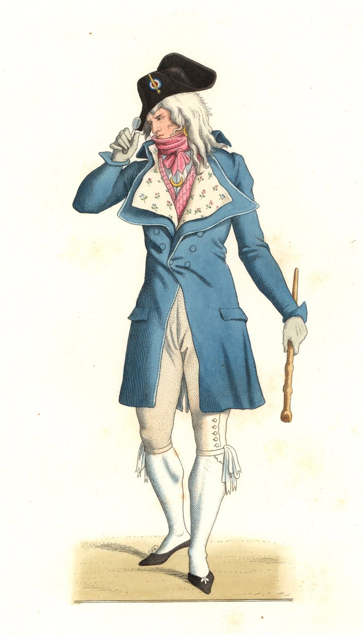 Mladý Francouz narozený v módě neuvěřitelných 18. století podle obrazu Carle Verneta (1758-1836) - Litografie z ilustrace Edmonda Lechevallier-Chevignarda (1825-1902), z „Costumes historiques des 16e od Edmond Lechevallier Chevignard