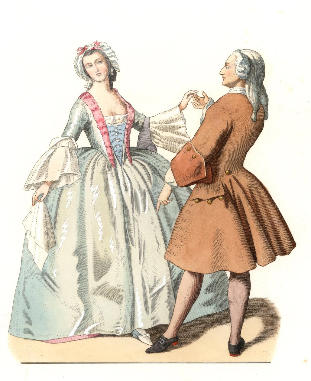 Taneční mistr a mladý Benátčan, taneční lecon v Itálii 18. století, podle obrazu Pietra Longhiho (1701-1785) - Litografie podle ilustrace Edmonda Lechevallier-Chevignarda (1825-1902), extrahovaná z „“Historických kostýmů 16 od Edmond Lechevallier Chevignard