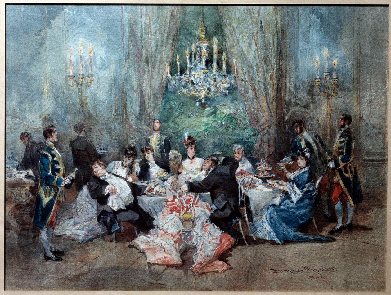 Scéna s jídlem. Ilustrace pro scénu 10 dějství II „“The Reveillon““ od Henri (Henry) Meilhac (1830-1897) a Ludovic Halevy (1834-1908) v královském paláci od Edmond Morin