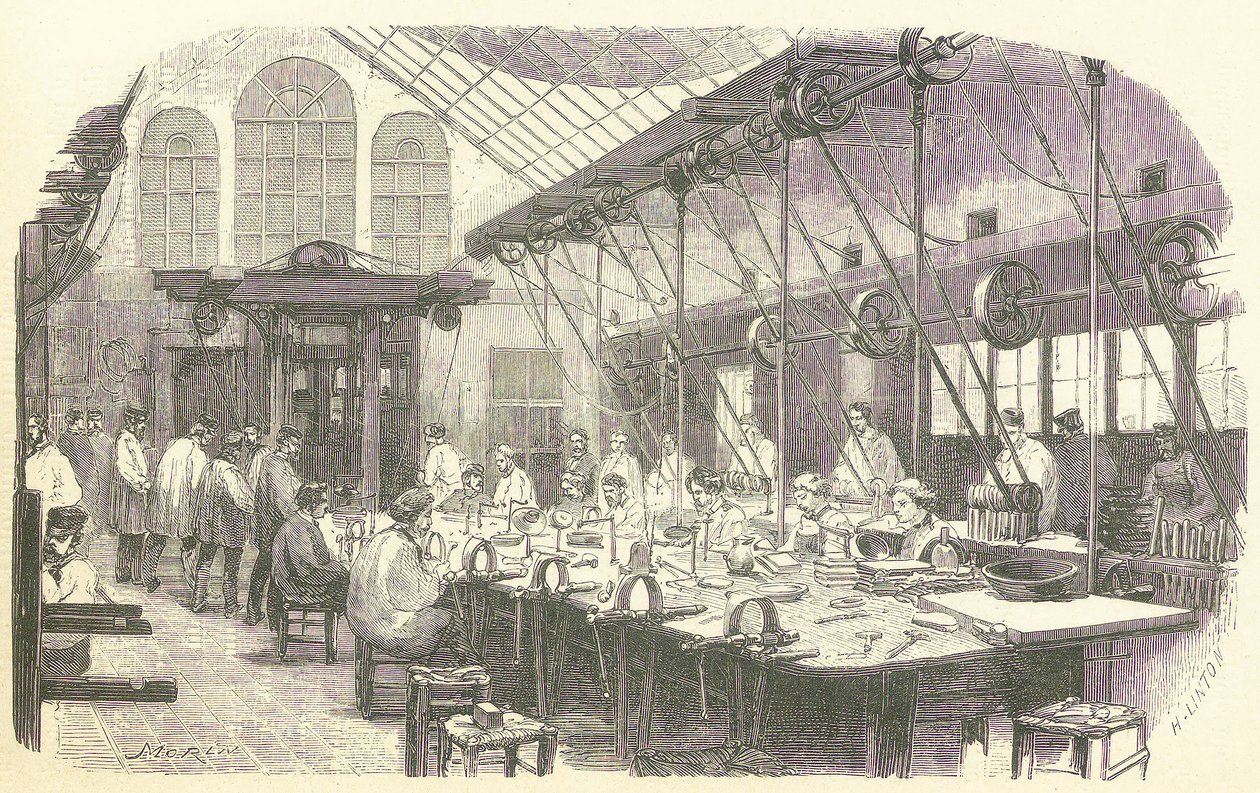 Stříbrníci při práci v továrně na příbory Christophle v Paříži, hospoda. 1875 (rytina) od Edmond Morin