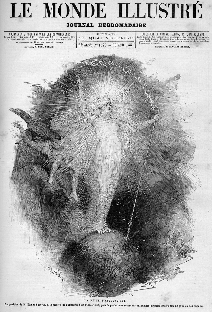 Královna současnosti: alegorie elektřiny jako ženy ovládající svět vytvořená na výstavě elektřiny v roce 1881. Rytina Edmonda Morina. Jeden z „The Illustrous World“ č. 1273 z 20. srpna od Edmond Morin