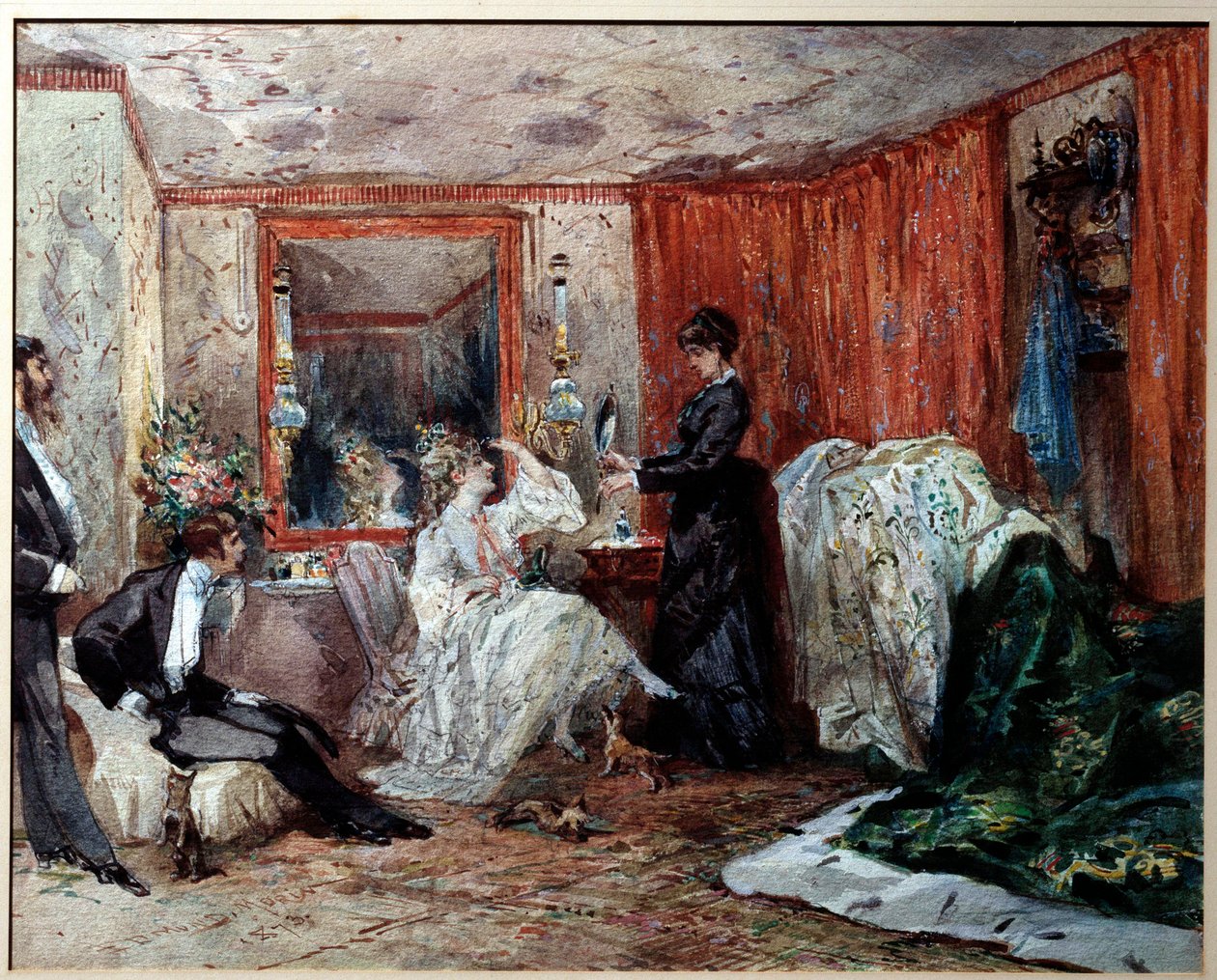Divadelní komička Hortense Schneider (1833-1920), milenka Jacquese Offenbacha (1819-1890), představuje vlevo ve své šatně v Theater des varietes. Akvarel od Edmonda Morina (1824-1882) 1873 Compiegne, Hradní muzeum od Edmond Morin
