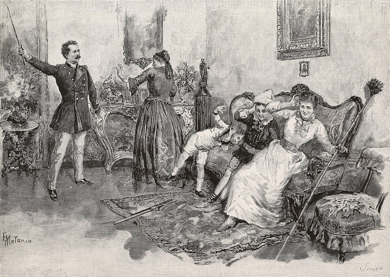 Dvě ženy a dvě děti vyděšené zastrašujícím mužem, rytina z ilustrace Edoardo Matania do knihy Vojenský život v Itálii od Edmonda De Amicis (1846-1908), z L