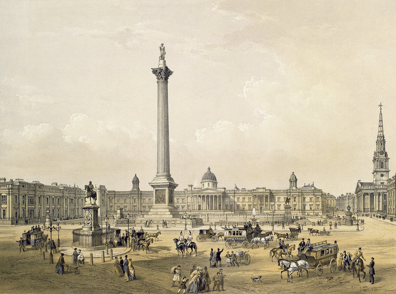 Trafalgarské náměstí s Národní galerií a kostelem sv. Martina, vyryté hospodou Thomasem Pickenem (fl. 1838-d.1870). 1852 od Lloyd Bros. und Co. (litografie) od Edmund Walker