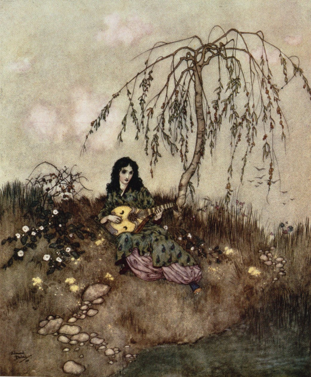 Po skončení práce zpívala a hrála", z filmu "Popelka", cca 1910. od Edmund Dulac
