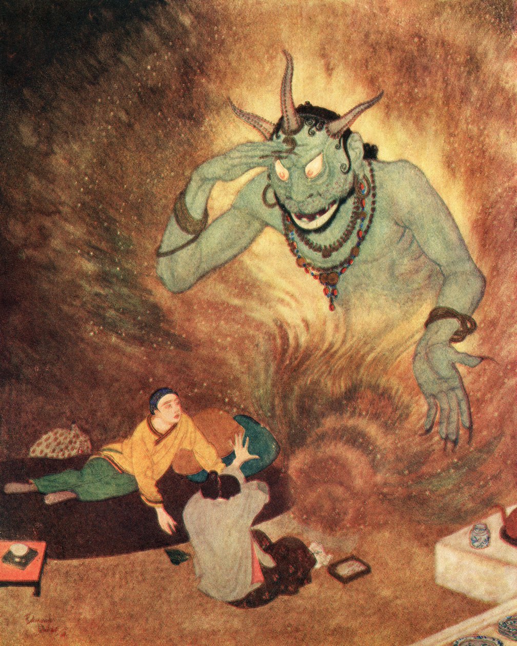 Aladin a Efrít, ilustrace z knihy "Aladin a zázračná lampa od Edmund Dulac