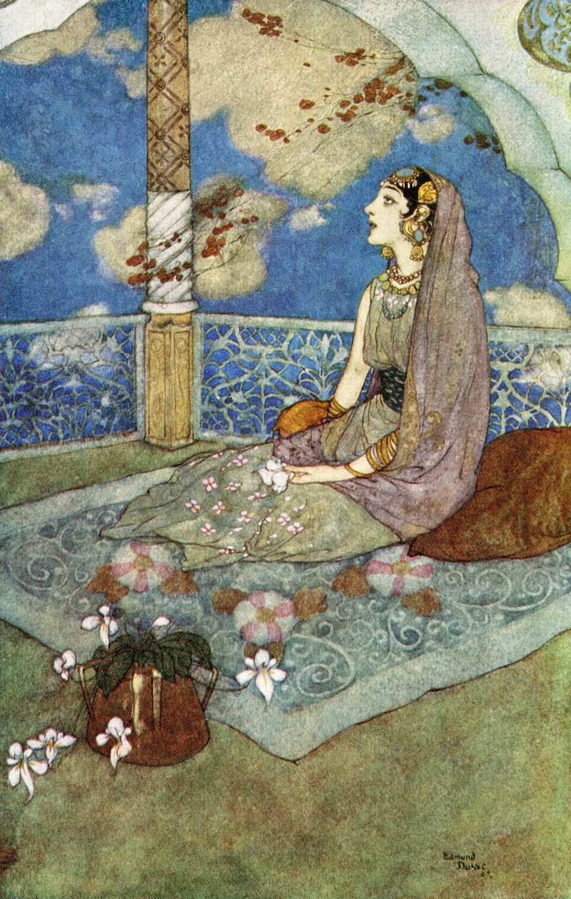 A stále se slzami, které jí padaly z očí, vzdychala a zpívala, ilustrace z "Příběhu kouzelného koně". od Edmund Dulac