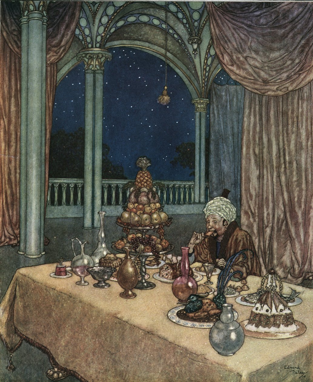Kráska a zvíře: Krásčin otec přijíždí na zámek a objevuje stůl plný jídla, asi 1910 (litografie) od Edmund Dulac