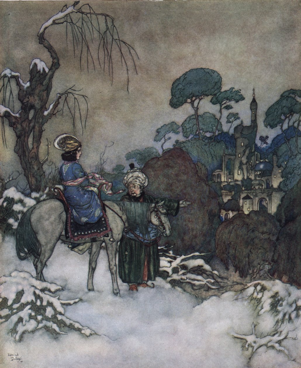 Kráska a zvíře: Kráska, která souhlasila, že se ujme svého otce vězněného Bete, aby ho osvobodila, míří k zámku, asi 1910 (litografie) od Edmund Dulac