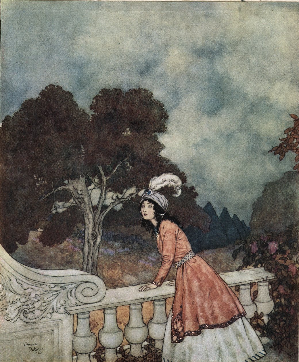 Modré vousy: Modrovousova mladá žena Fatima se ptá své sestry Anny, jestli vidí své bratry z věže, asi 1910 (litografie) od Edmund Dulac