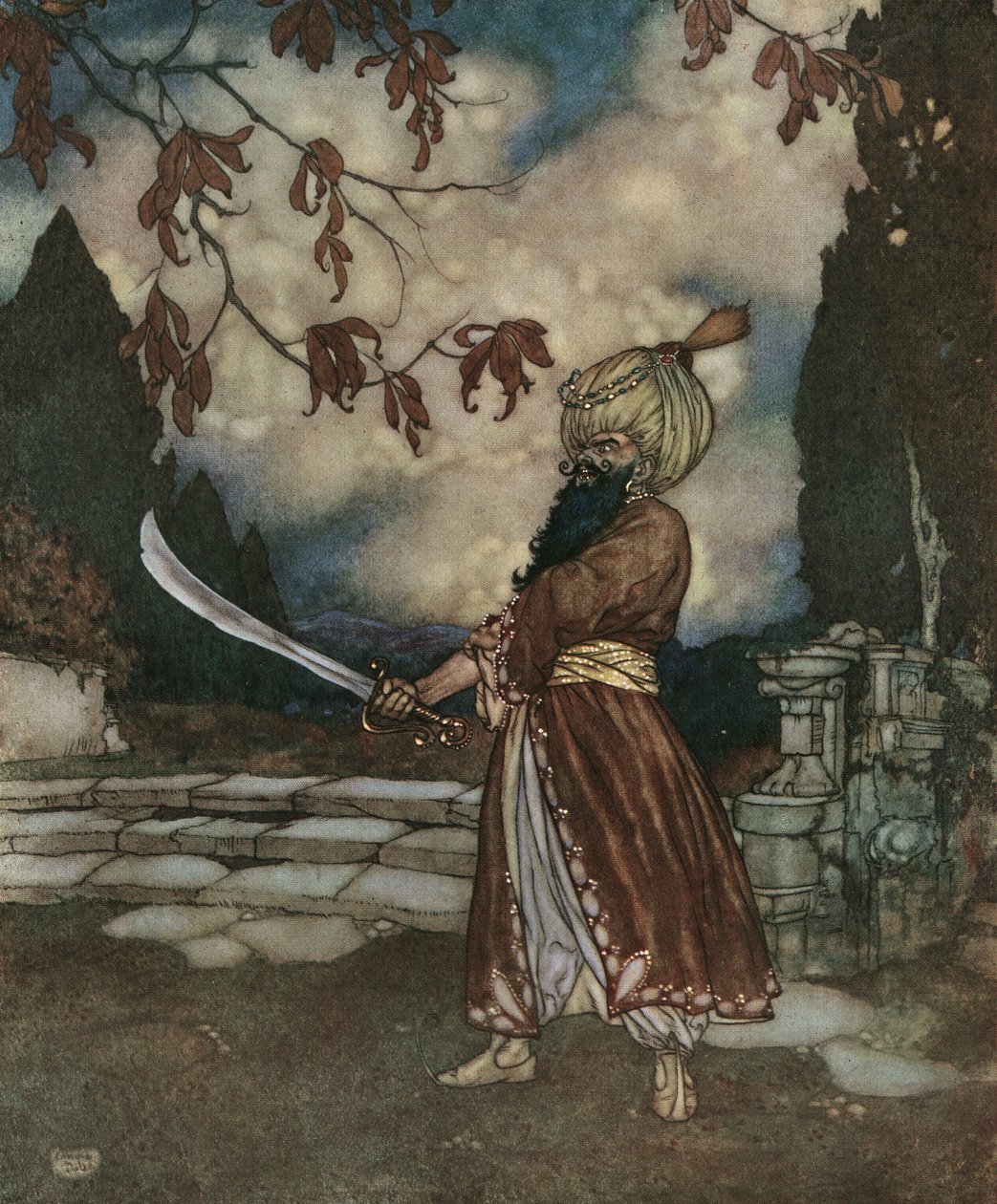 Modré vousy: Děsivý Modrovous má vousy tak černé, že vypadají modře, asi 1910 (litografie) od Edmund Dulac
