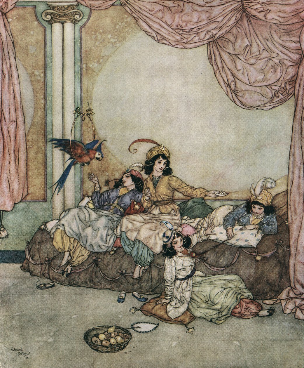 Modré vousy: (litografie): Mladá žena Modrovousova Fatima zve své přátele do svého domu, zatímco její manžel je na výletě. od Edmund Dulac