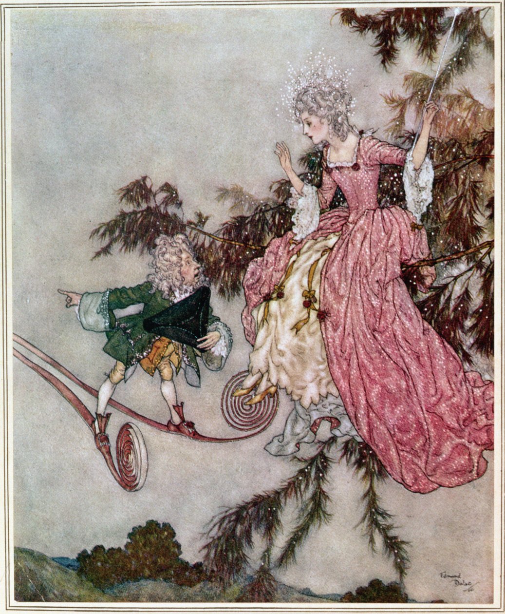 Zprávu o tom jí však přinesl malý trpaslík, který vlastnil pár sedmilhářských bot", ilustrace z knihy "Šípková Růženka", vydáno v roce 1910 (barevná litografie). od Edmund Dulac