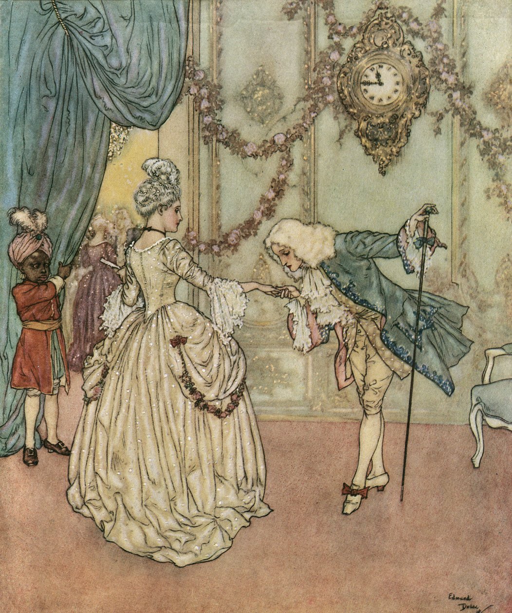 Popelka: Mladá Popelka přišla na ples díky své kmotře, která jí políbila ruku, a setkává se s princem. od Edmund Dulac