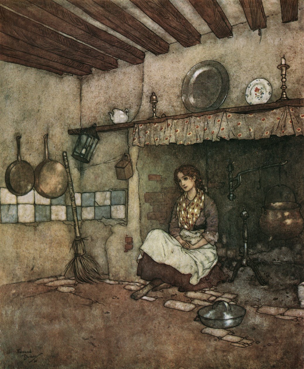 Popelka: mladá Popelka sedí mezi popelem v komíně, asi 1910 (litografie) od Edmund Dulac