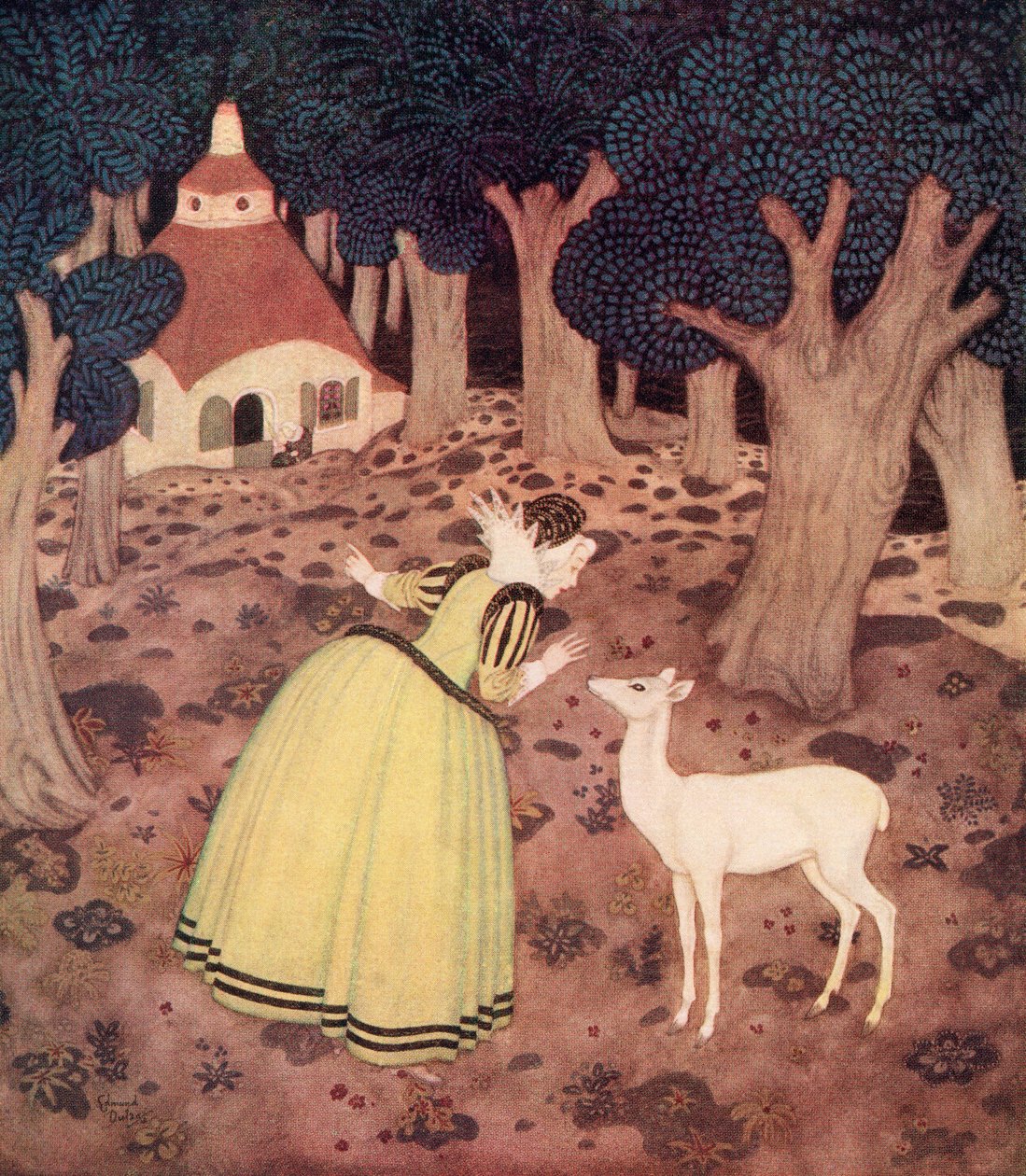 "Giroflee poděkovala víle a odešla daleko do lesa; a tam, pravda, uviděla chýši a starou ženu, jak sedí venku", ilustrace z francouzské pohádky Lesní víla z knihy Edmunda Dulaca Pohádky: Dulacova kniha pohádek spojeneckých národů, od Edmund Dulac