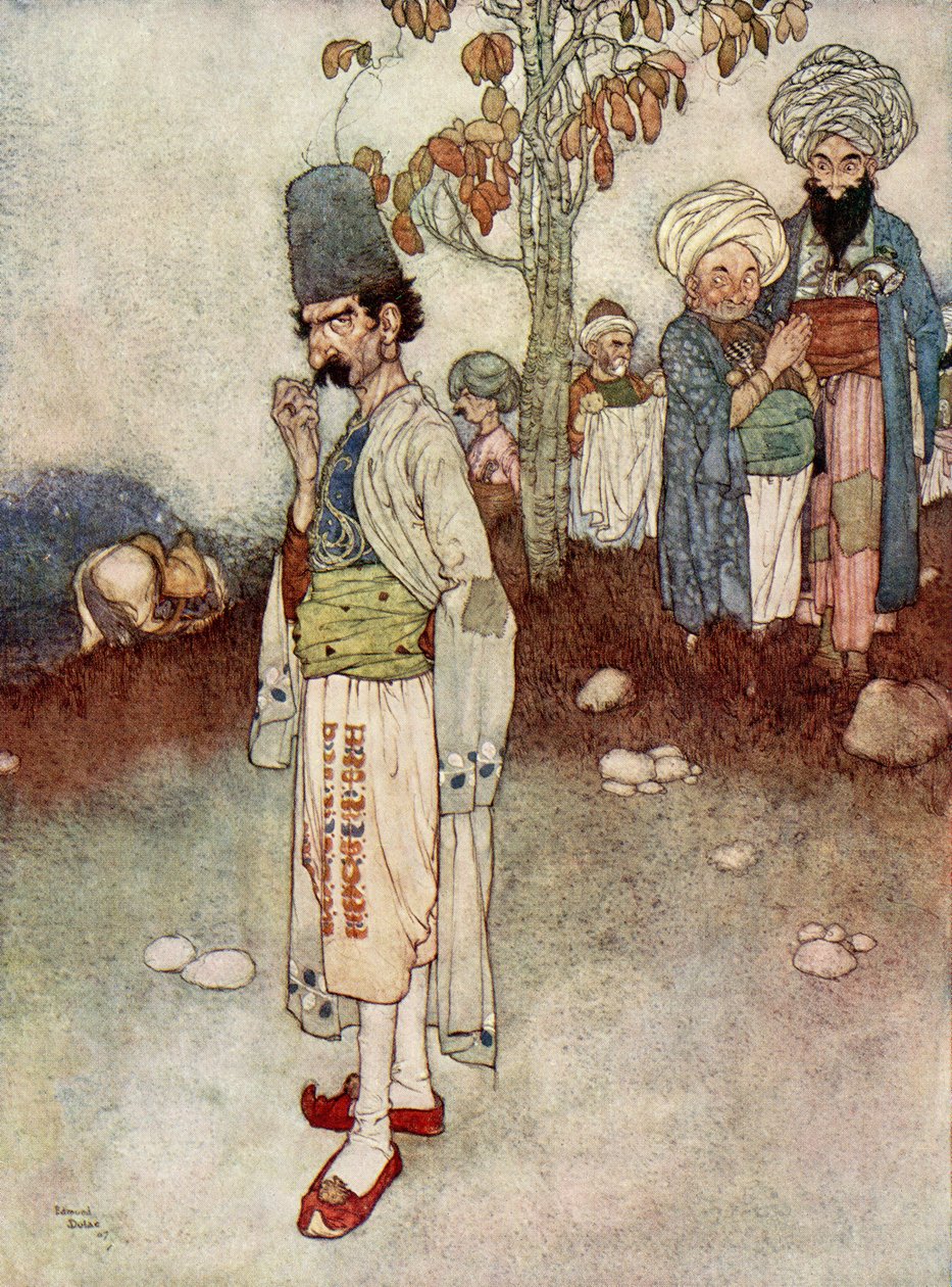 Přijal převlek vhodný pro svůj účel, ilustrace z knihy "Ali Baba a čtyřicet loupežníků". od Edmund Dulac
