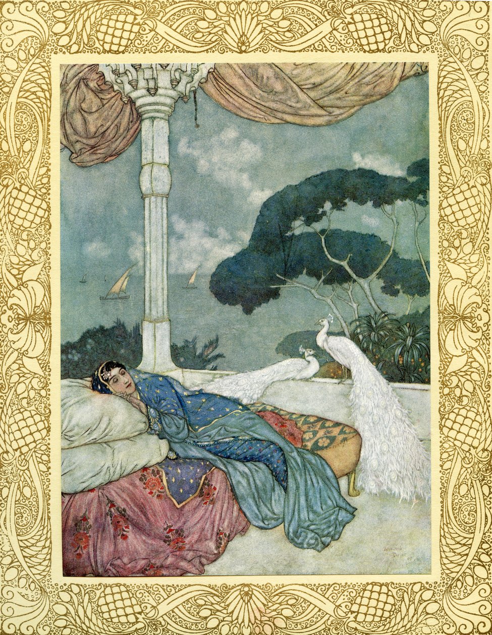 Nebe je jen vidinou splněné touhy a peklo stínem hořící duše,
Vržený na temnotu, do níž se tak pozdě vynořil, tak brzy zanikne, ilustrace z "Rubajátů Omara Chajjáma", vydáno 1909 (barevná litografie) od Edmund Dulac