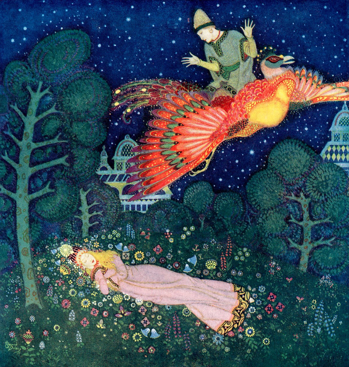 Ilustrace k ruské pohádce Pták Ohnivák od Edmund Dulac