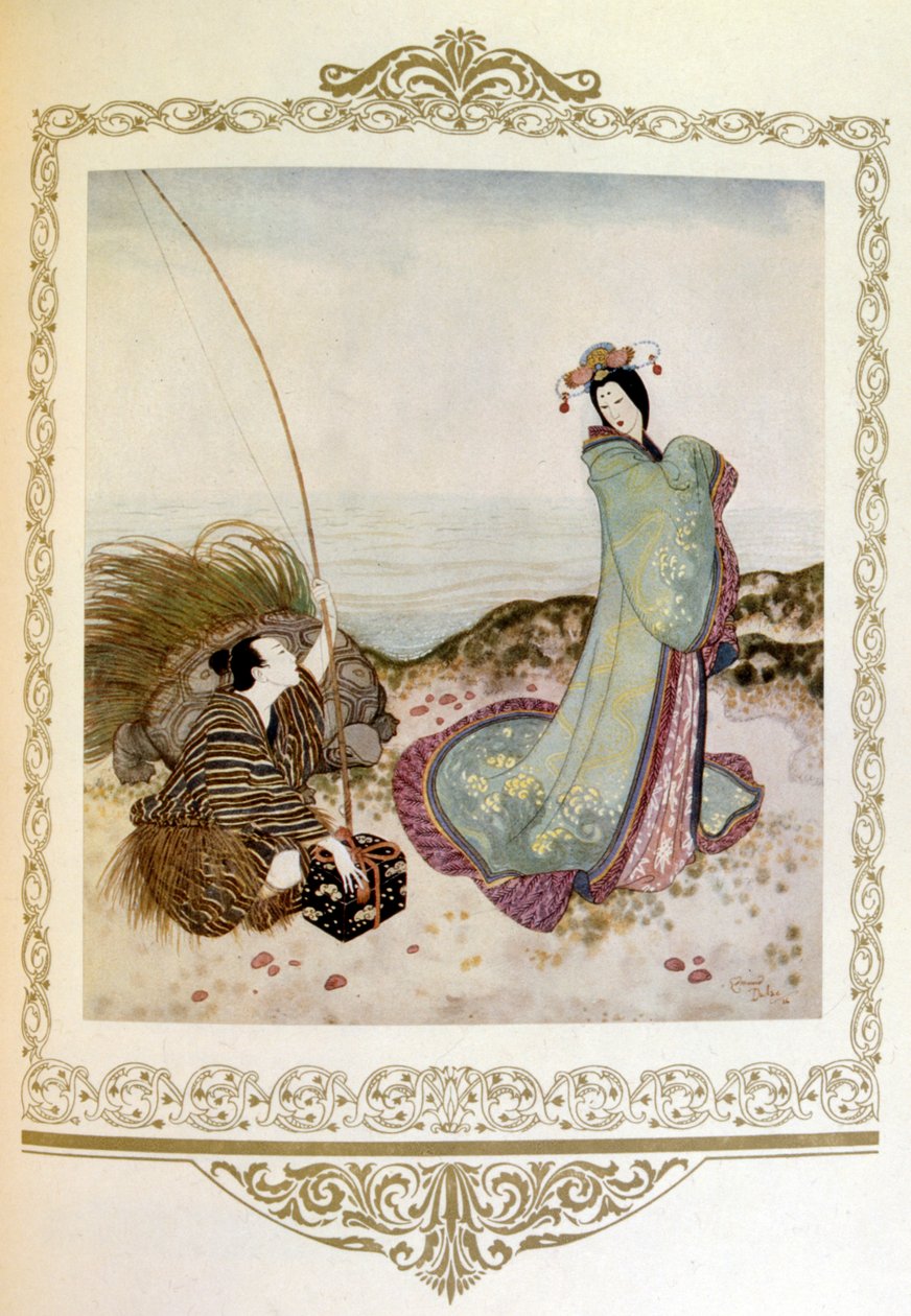 Ilustrace "muž s obří želvou mluví se ženou. Japonsko" od Dulaca. od Edmund Dulac