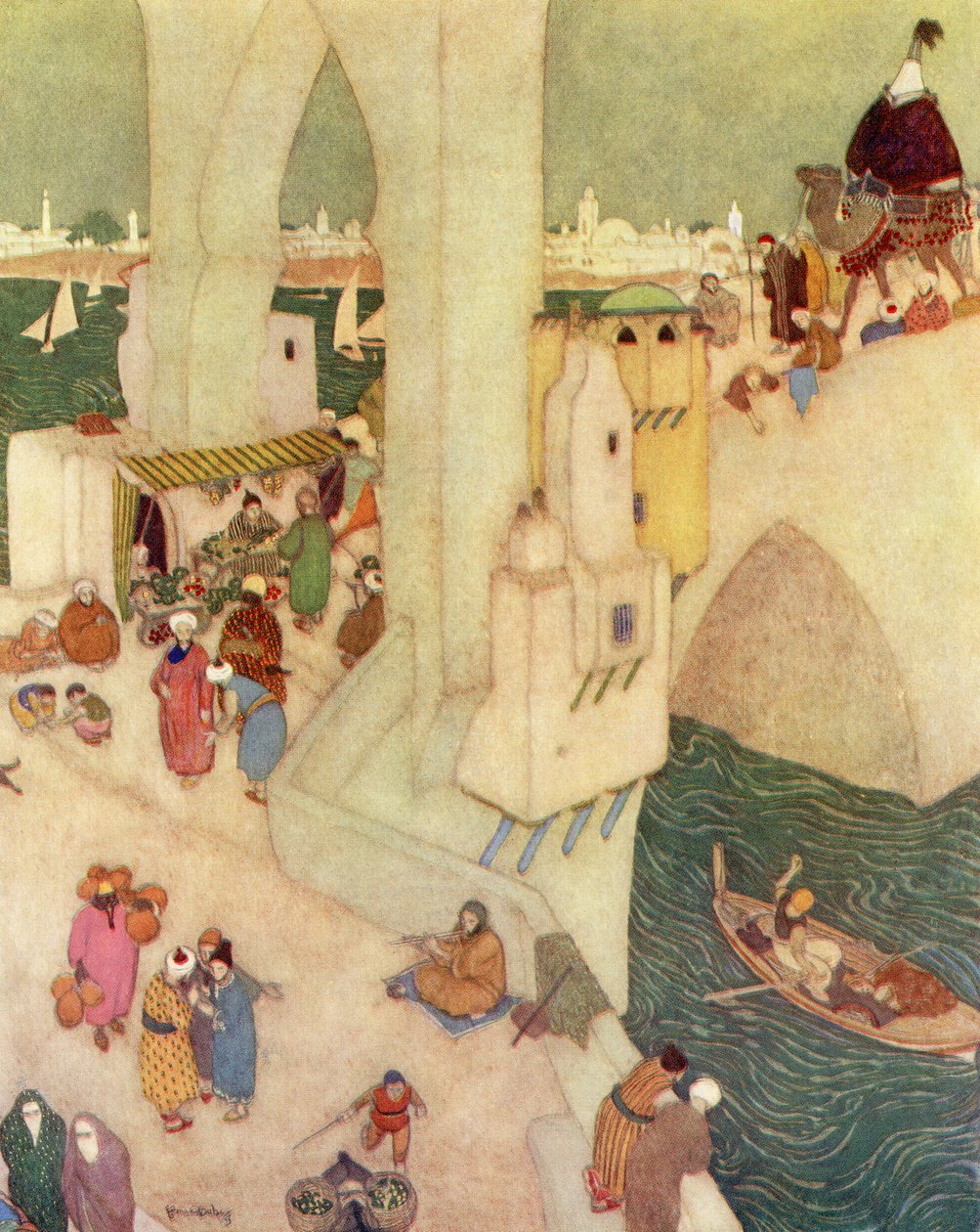 Ve městě Bagdád, ilustrace z filmu "Sindibád námořník od Edmund Dulac